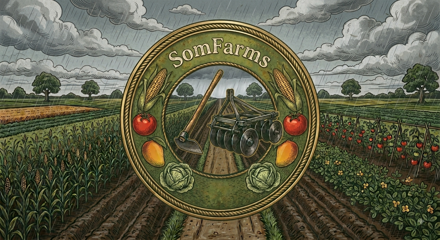 Supplied SomFarms artwork with crops and agricultural tools